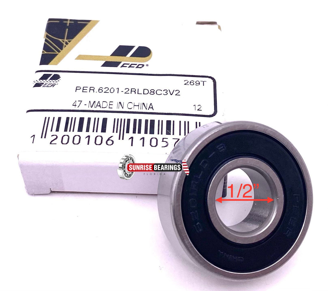 PEER 6201 1/2" BALL BEARING, RUBBER SEALED, Special Bore 1/2" 6201-8 12.7x32x10 mm