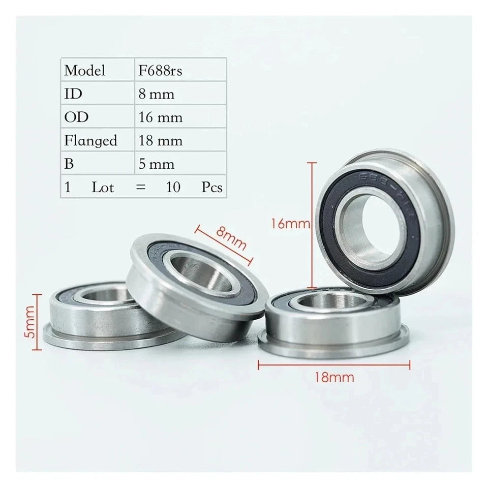 QTY.02 ZEN F688 2RS Flanged Deep Groove Ball Bearing, Rubber Sealed 8x16x5 mm